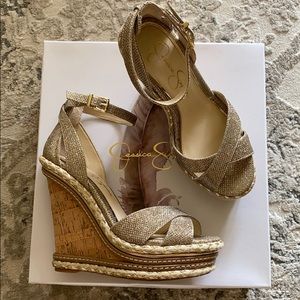 Jessica Simpson gold wedges